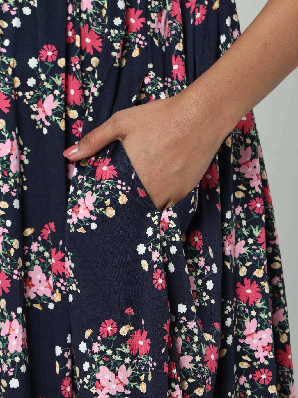 Manet Three Fourth Maternity Dress Floral Print With Concealed Zipper Nursing Access - Navy Blue