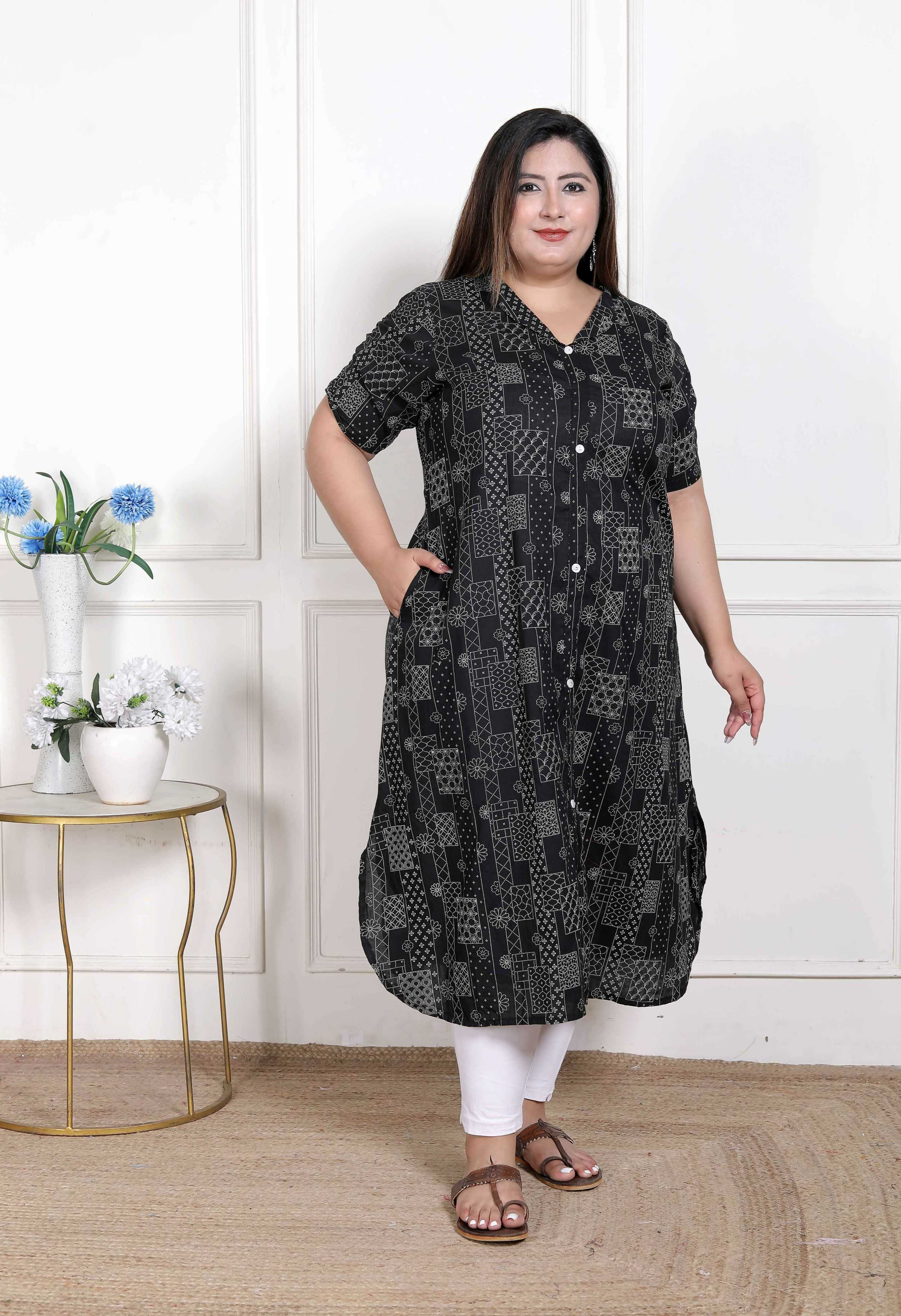 Miravan Women's Plus Size Pure Cotton Black Floral Printed Front Button A-Line Kurta