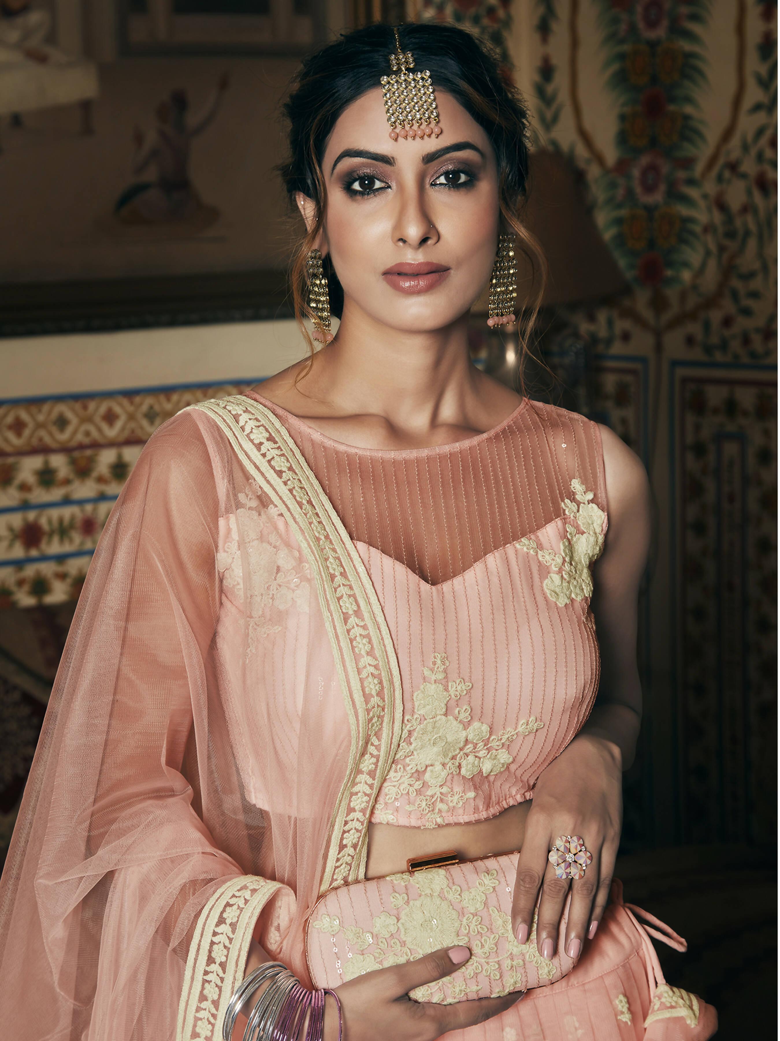 Wedding Designer Sequene Zari Resham Embroidery Peach Net Lahengha Choli - Anbazaar