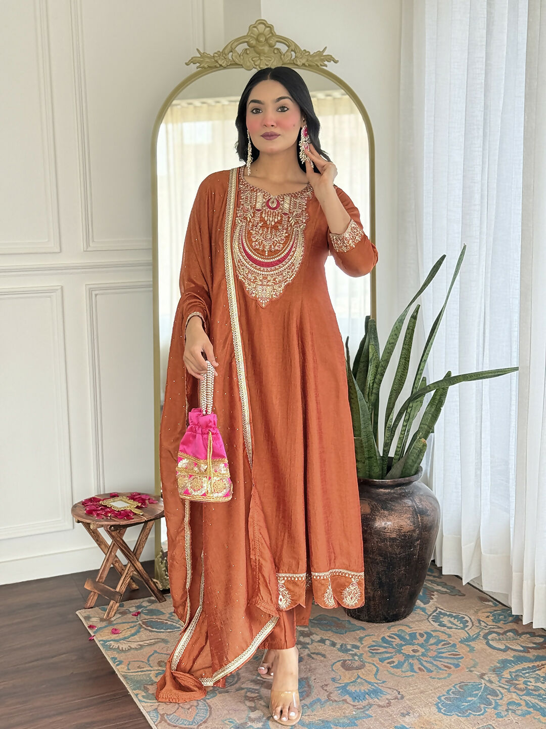 The52 Rust Women's Gorgeous Embroidered Vichitra Silk Fabric Flared Kurta, Pant and Dupatta Set