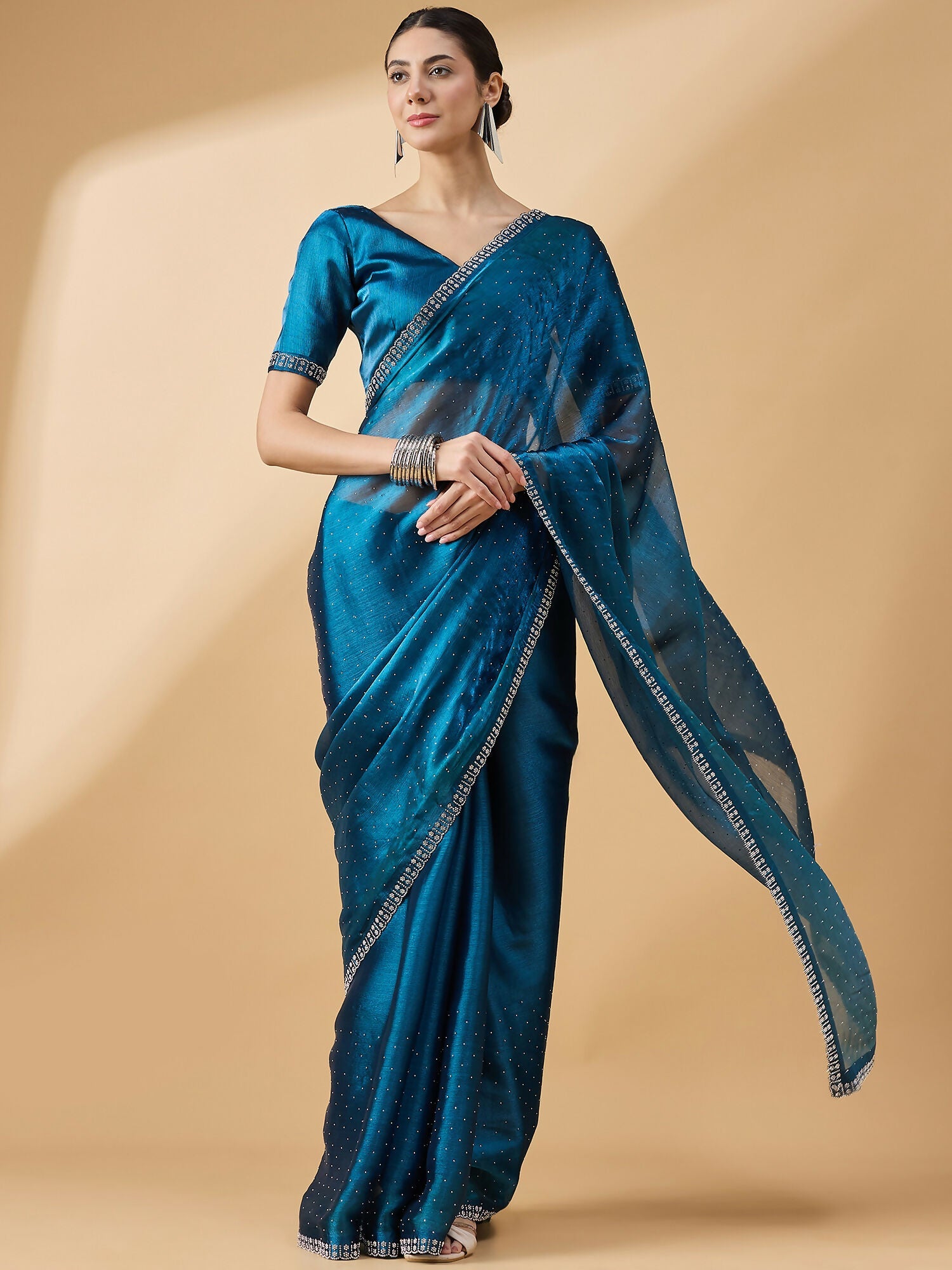 Teal Organza Swaroski Diamond Work Saree with Unstitched Blouse - Radha
