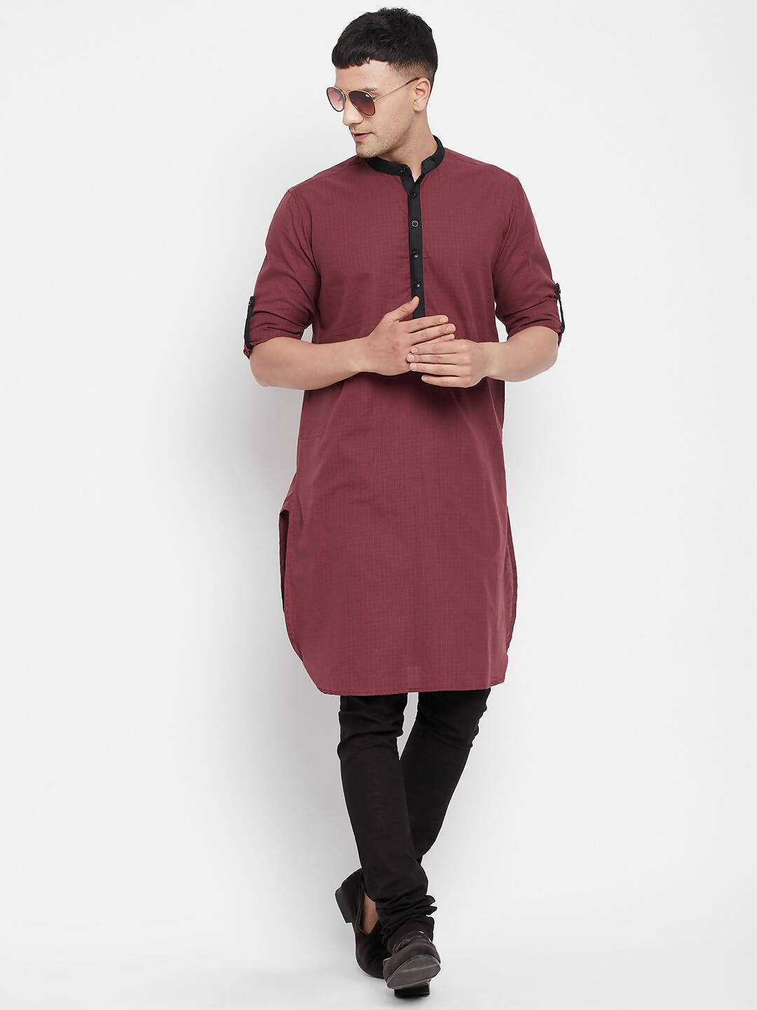 Even Apparels Maroon Pure Cotton Men's Kurta With Contrast Collar And Placket