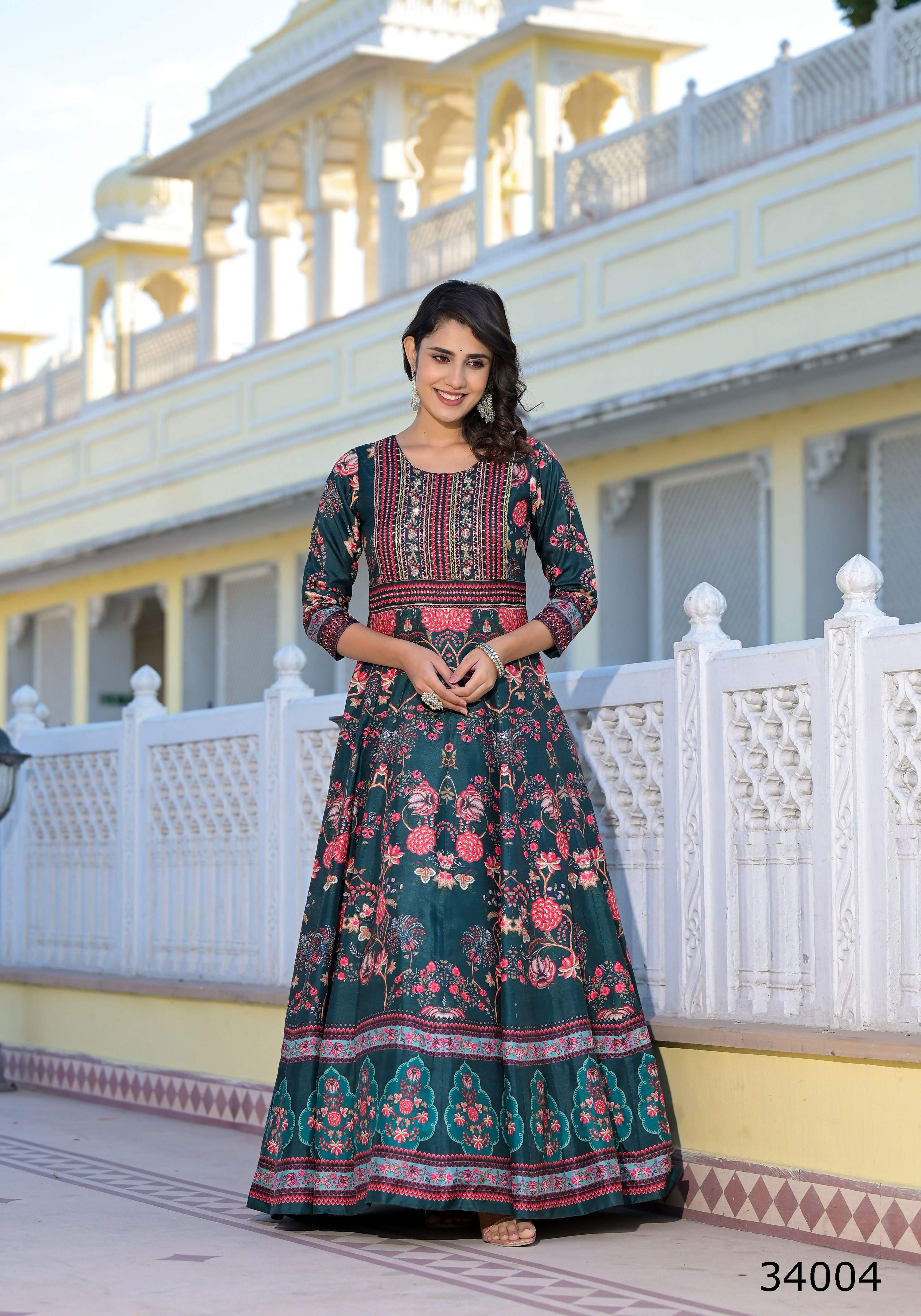 Partywear Designer Green Dola Silk Anarkali suit with Dupatta - Suzen