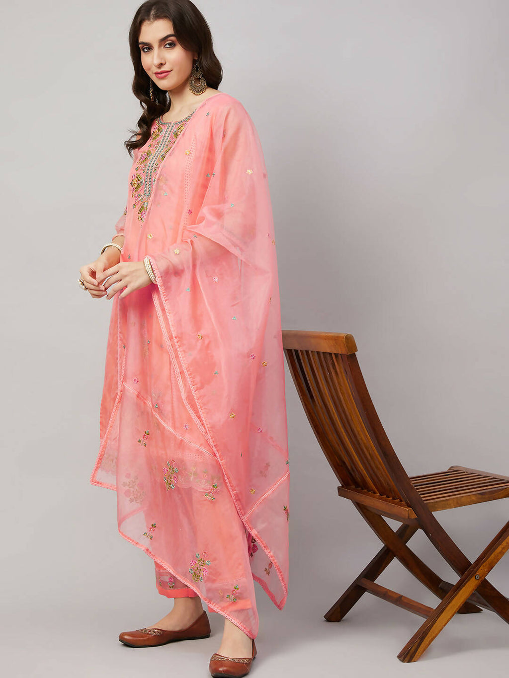 Peach Organza Embroidered Kurta with Bottom & Dupatta - Salimar