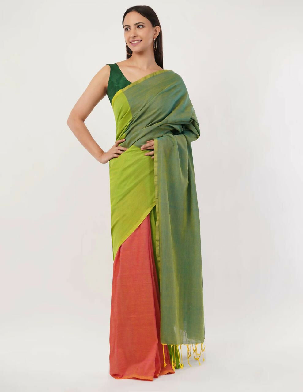 Exclusive Collection Beautiful Khadi Cotton Olive Green Orange Handloom Saree