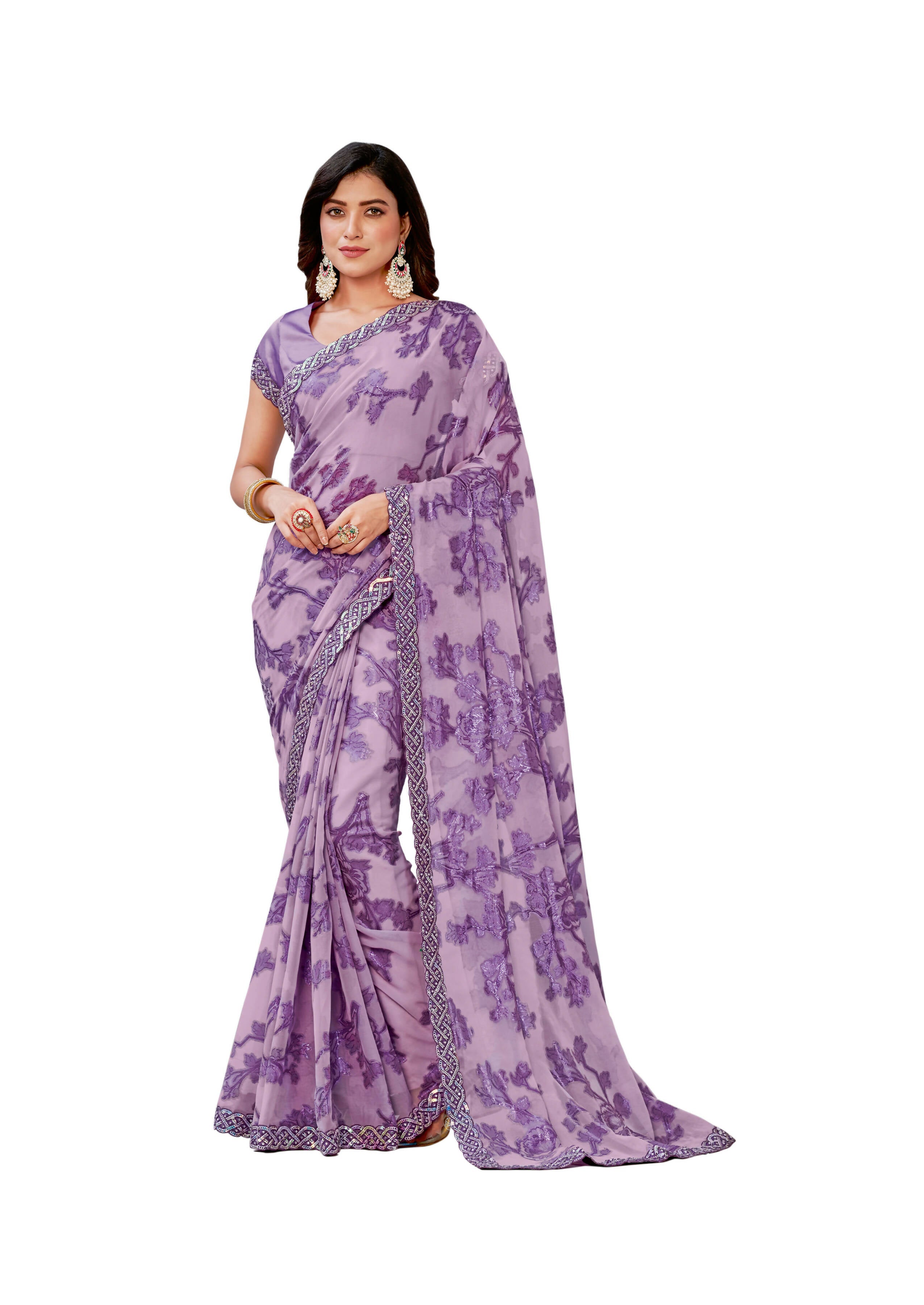 Purple Georgette Zari Jacquard Embroidered Border With Sequence Work Saree With Unstitched Blouse Piece - Norita Zaina