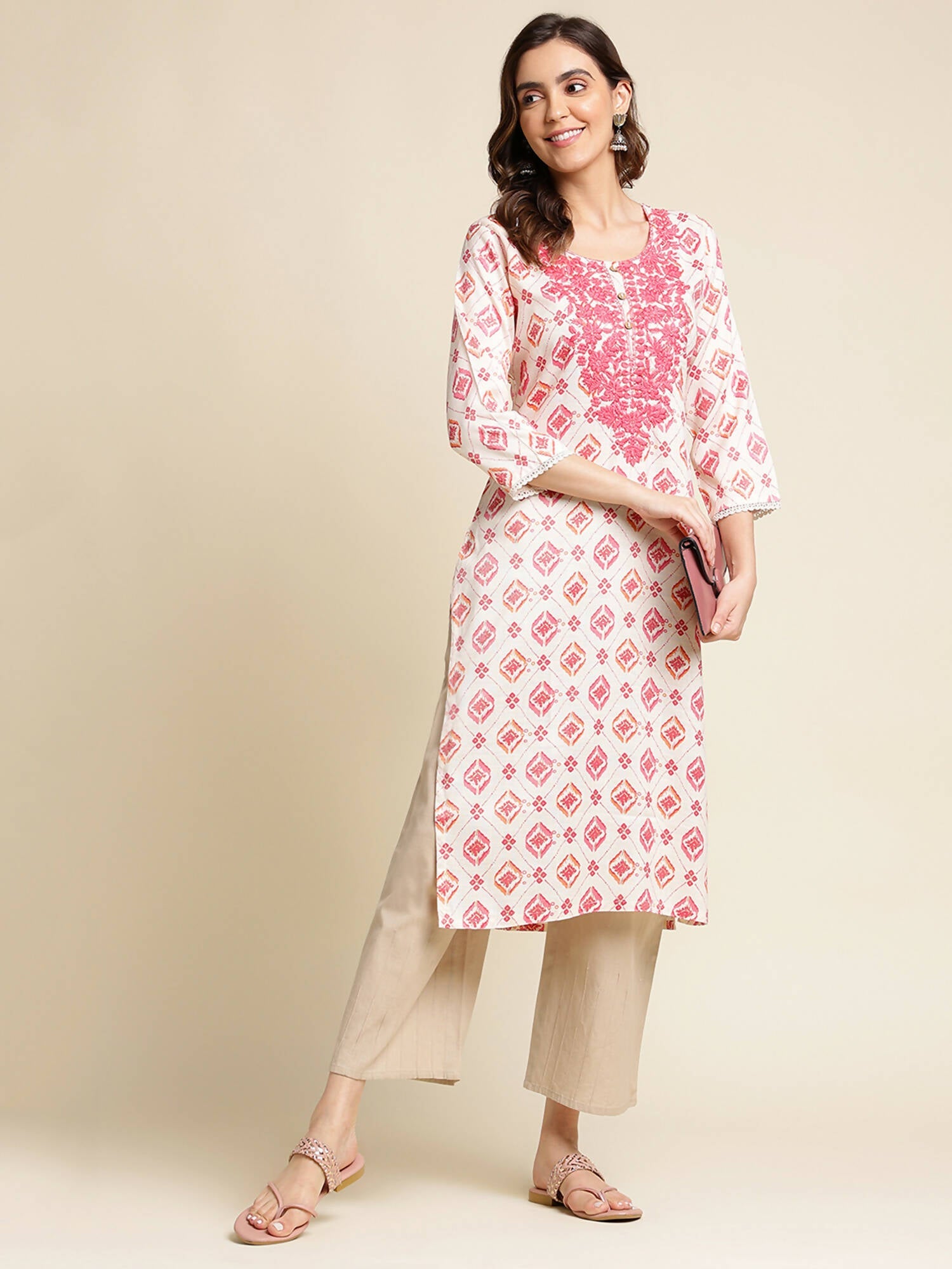 Pink Poly Rayon Aztec Printed Straight Fit Kurta - Prasuti