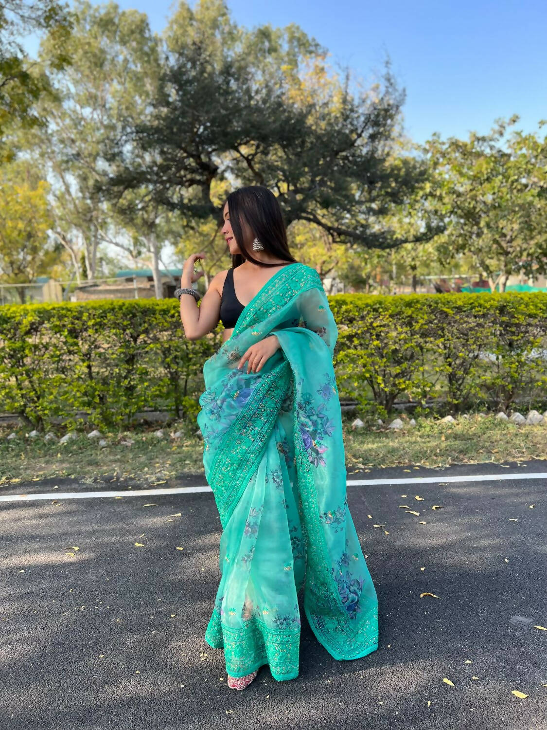 Vamsee Sea Green Organza Saree