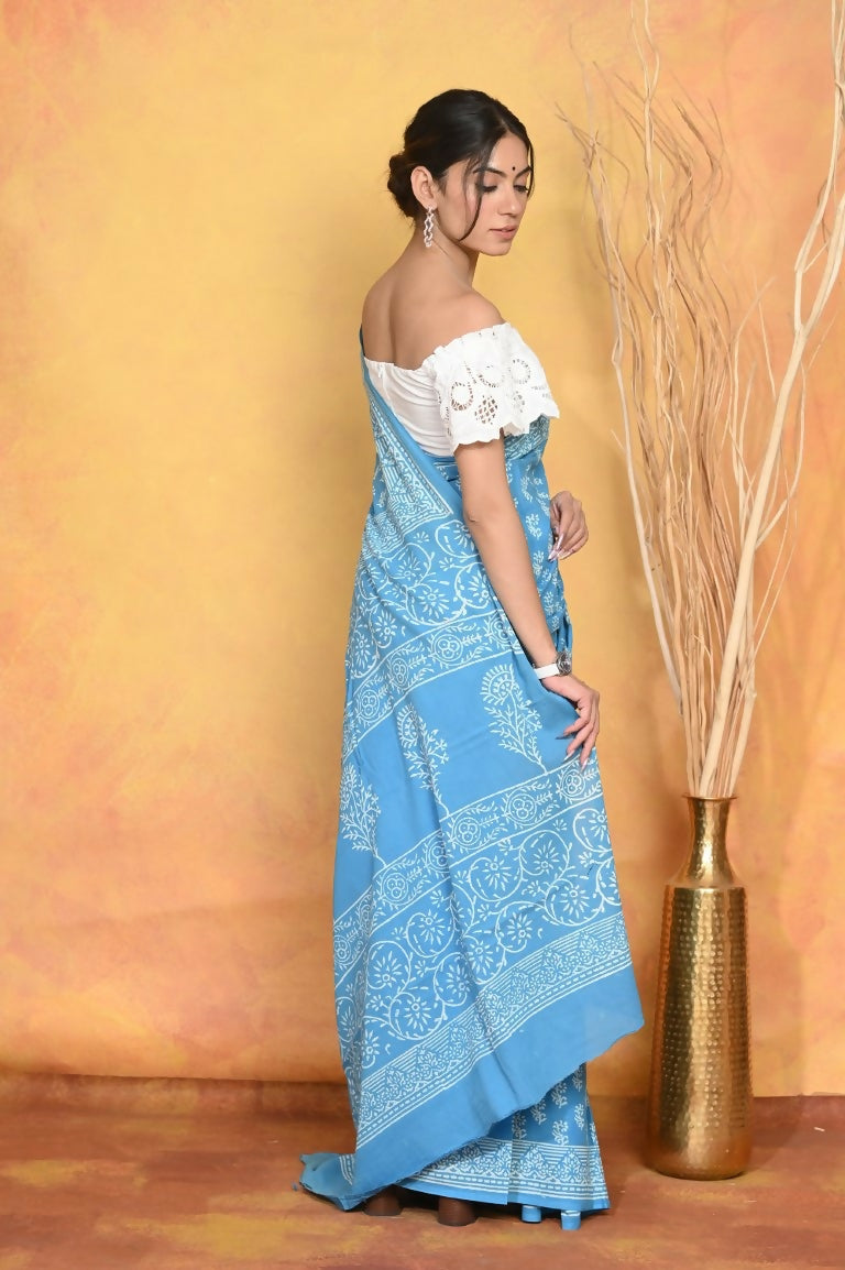 Very Much Indian Handblock Printed Cotton Saree With Natural Dyes - Sky Blue