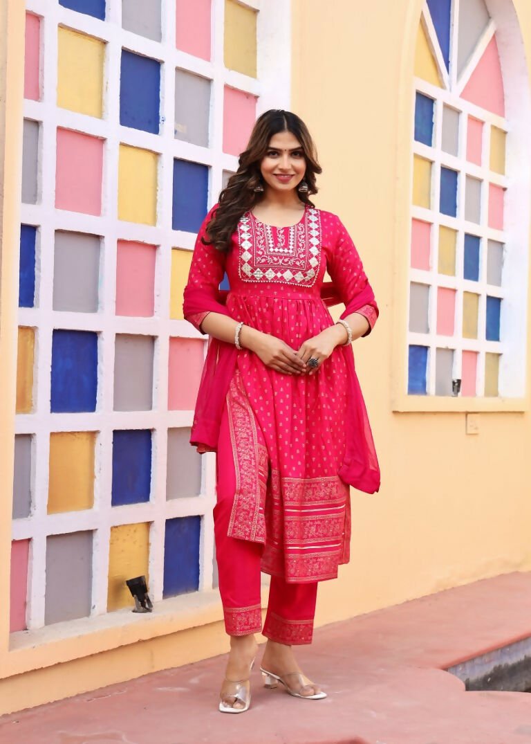 Alvano Women's A-line Naira Cut Embroidery work Print Kurti with Pant and Dupatta set Rayon (Red)
