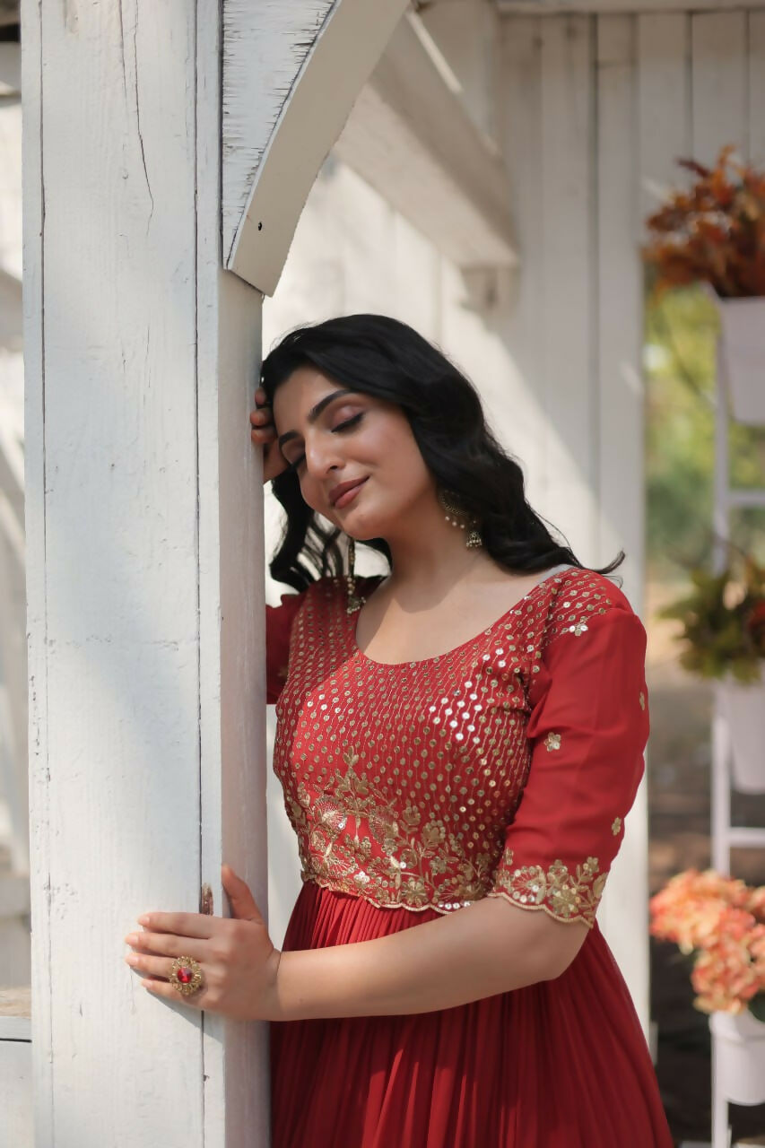 Vastranavya Faux Blooming with Embroidery Zari Sequins-work Gown - Orange