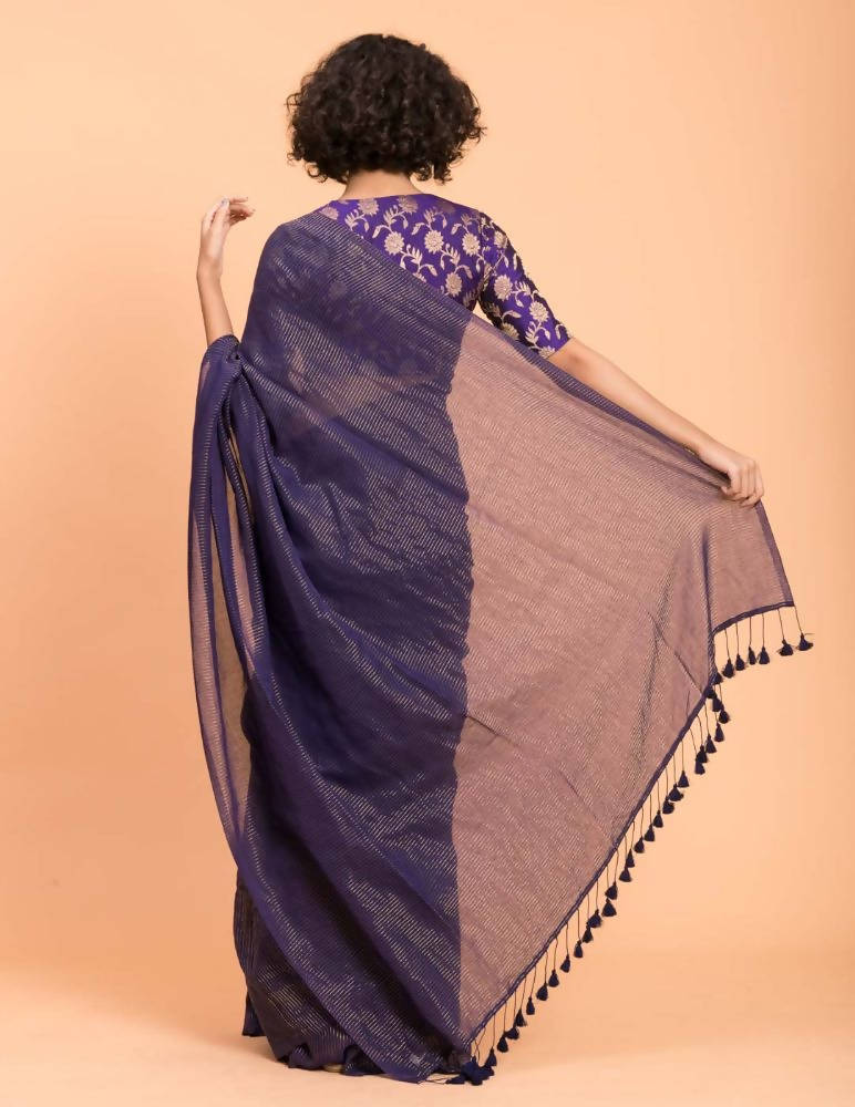 Suta Purple Woven Zari Striped Pure Handloom Cotton Saree