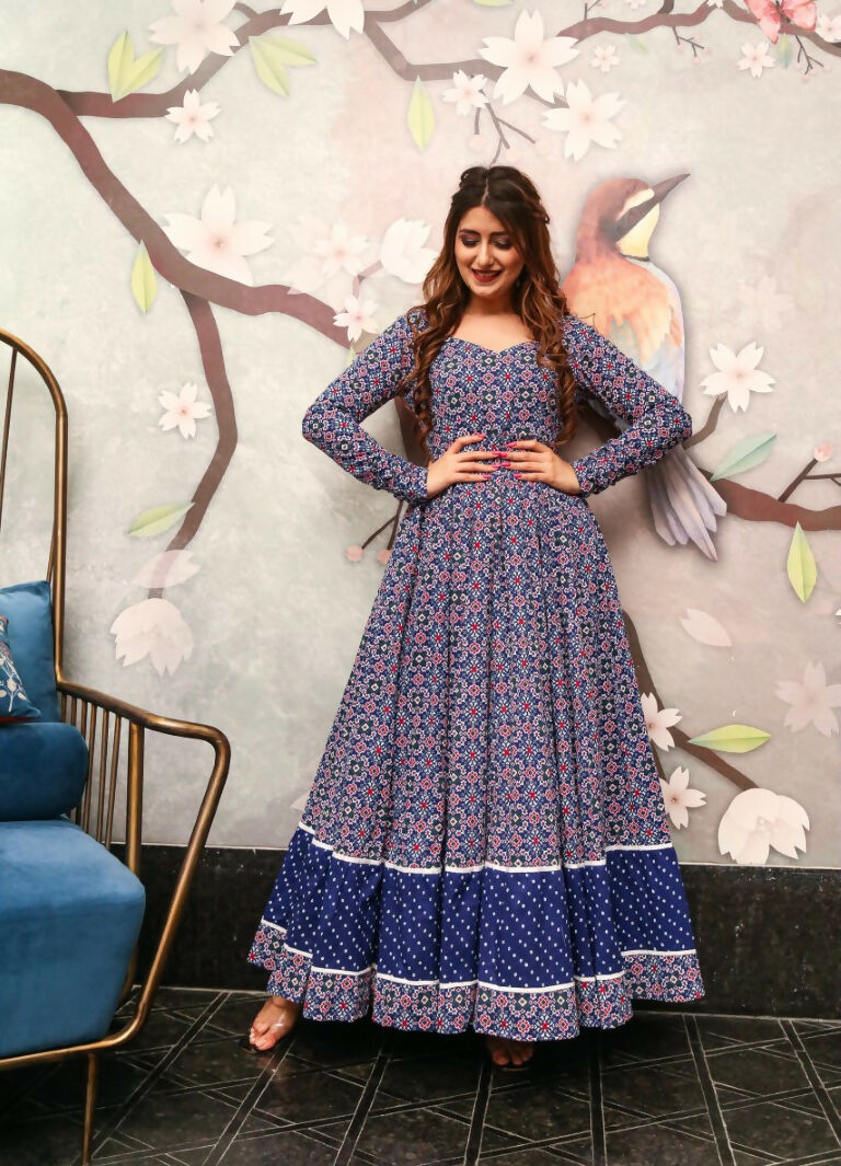 Jyoti Fashion Women's Navy Blue Heavy Digital Printed Cotton Silk Anarkali Dress