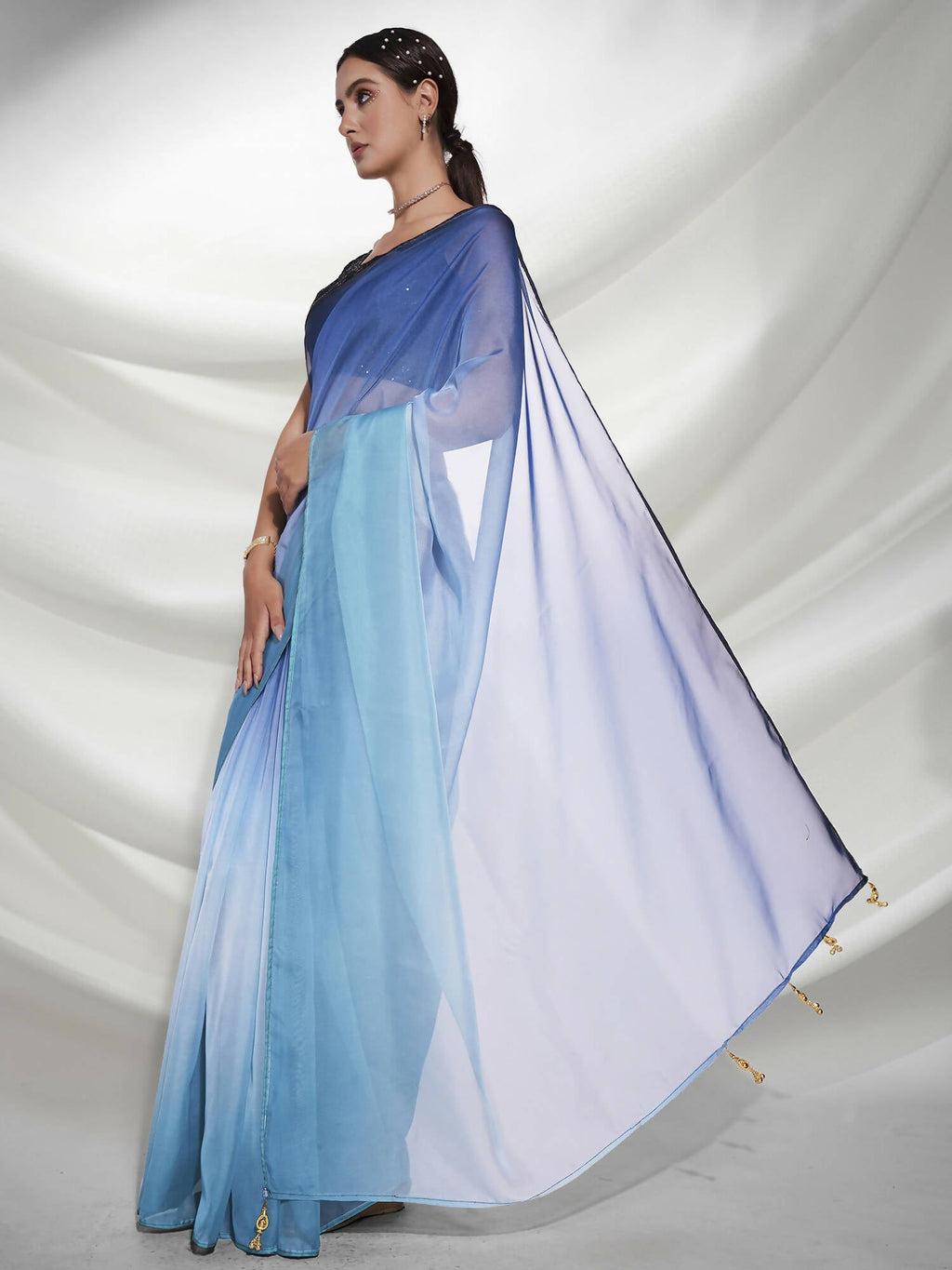 Blue Organza Solid Saree With Unstitched Blouse Piece - Shanaya