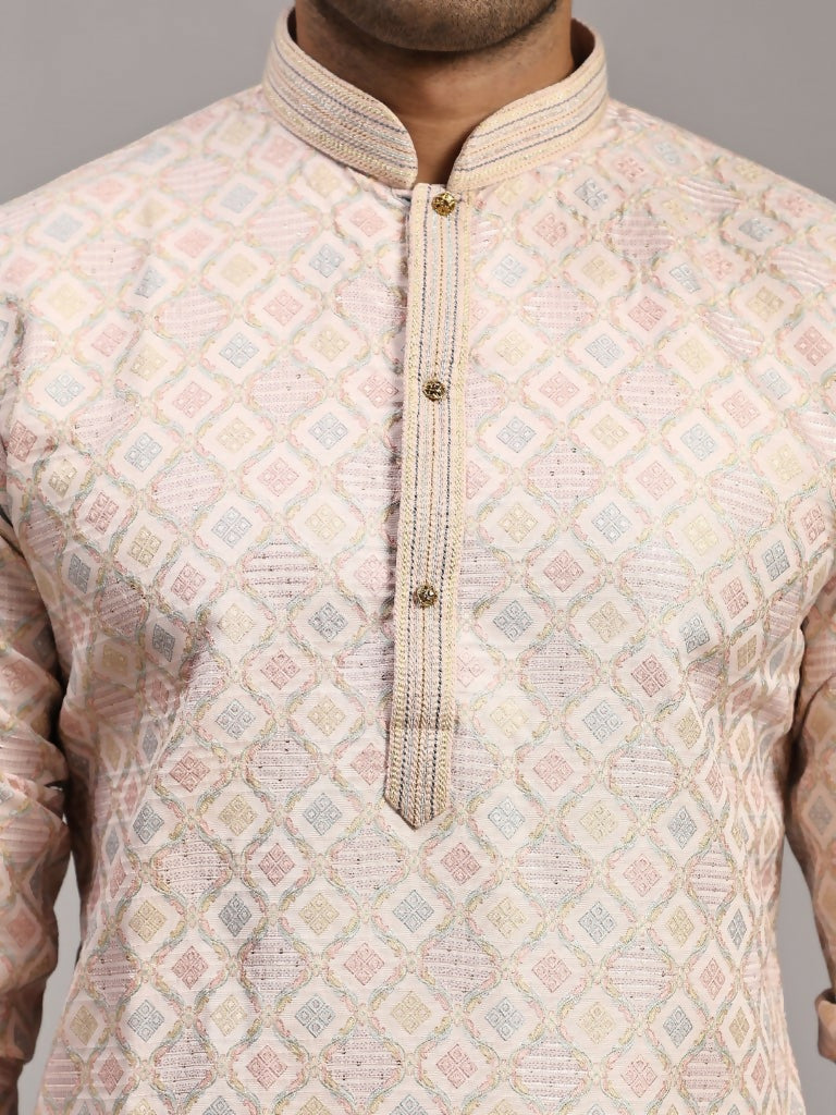 Pink Viscose Jacquard Woven Jacquard Designer Men's Rajwadi Kurta Set - Mahotsav
