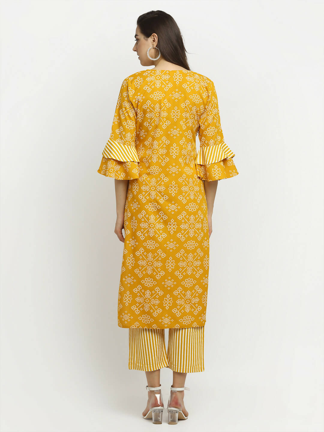Rudra Bazaar Mustard Printed Bell Sleeve Straight Kurta with Striped Pyjamas