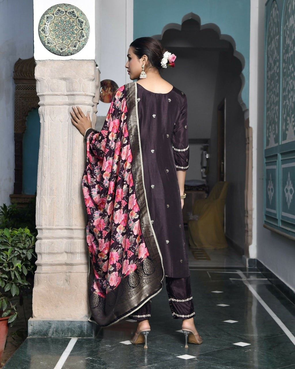 Vaasva Women's Silk Emboidered Solid Pant Set & Digital Printed Dupatta