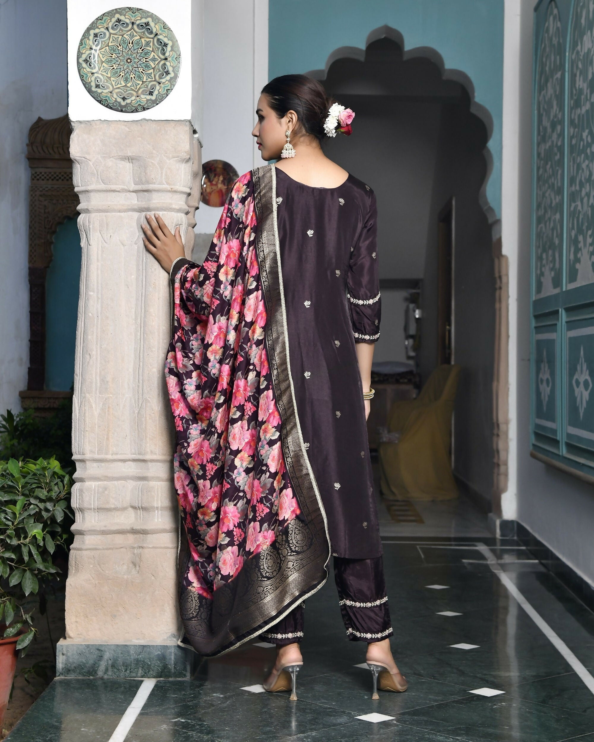 Vaasva Women's Silk Emboidered Solid Pant Set & Digital Printed Dupatta