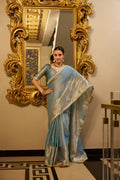 Vastranavya Sea Blue Tissue Shimmer Zari Weaving Work Saree with Unstitched Blouse