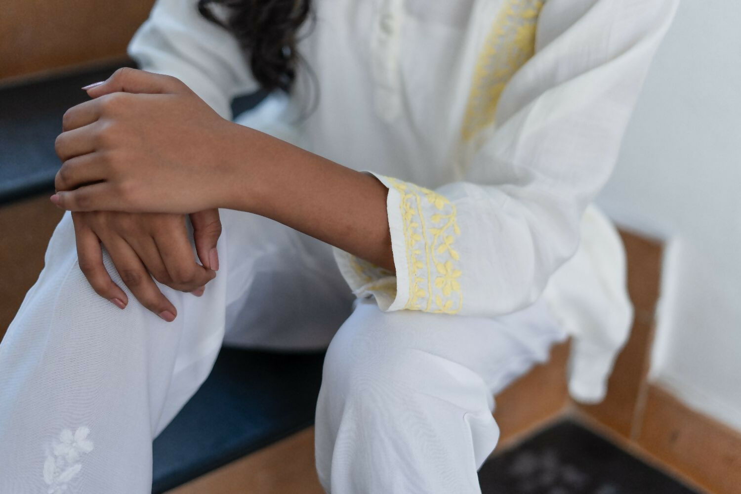 Zibaa Ivory & Yellow Muslin Short Chikankari Kurti