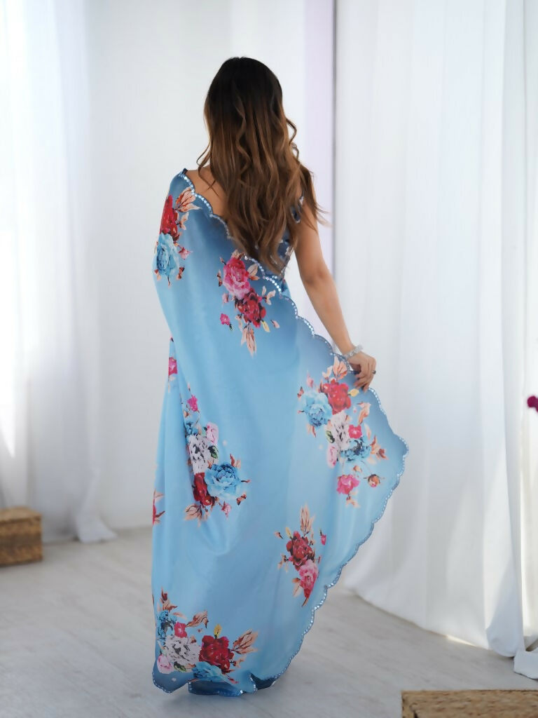 Blue Chinon Designer Digital Printed,Mirror Cut Work Saree - Elayna