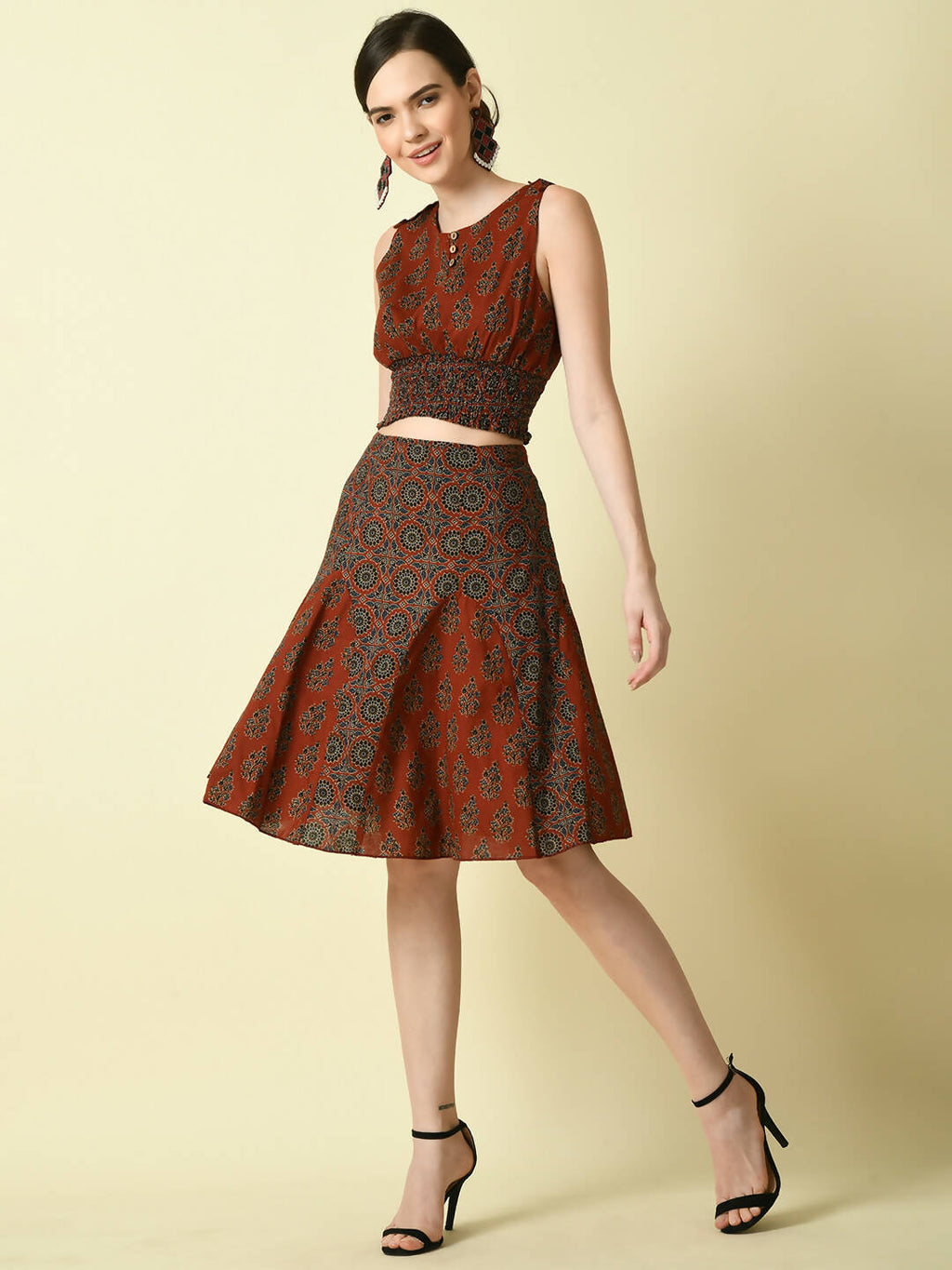 Myshka Women's Rust Ethnic Motifs Printed Top