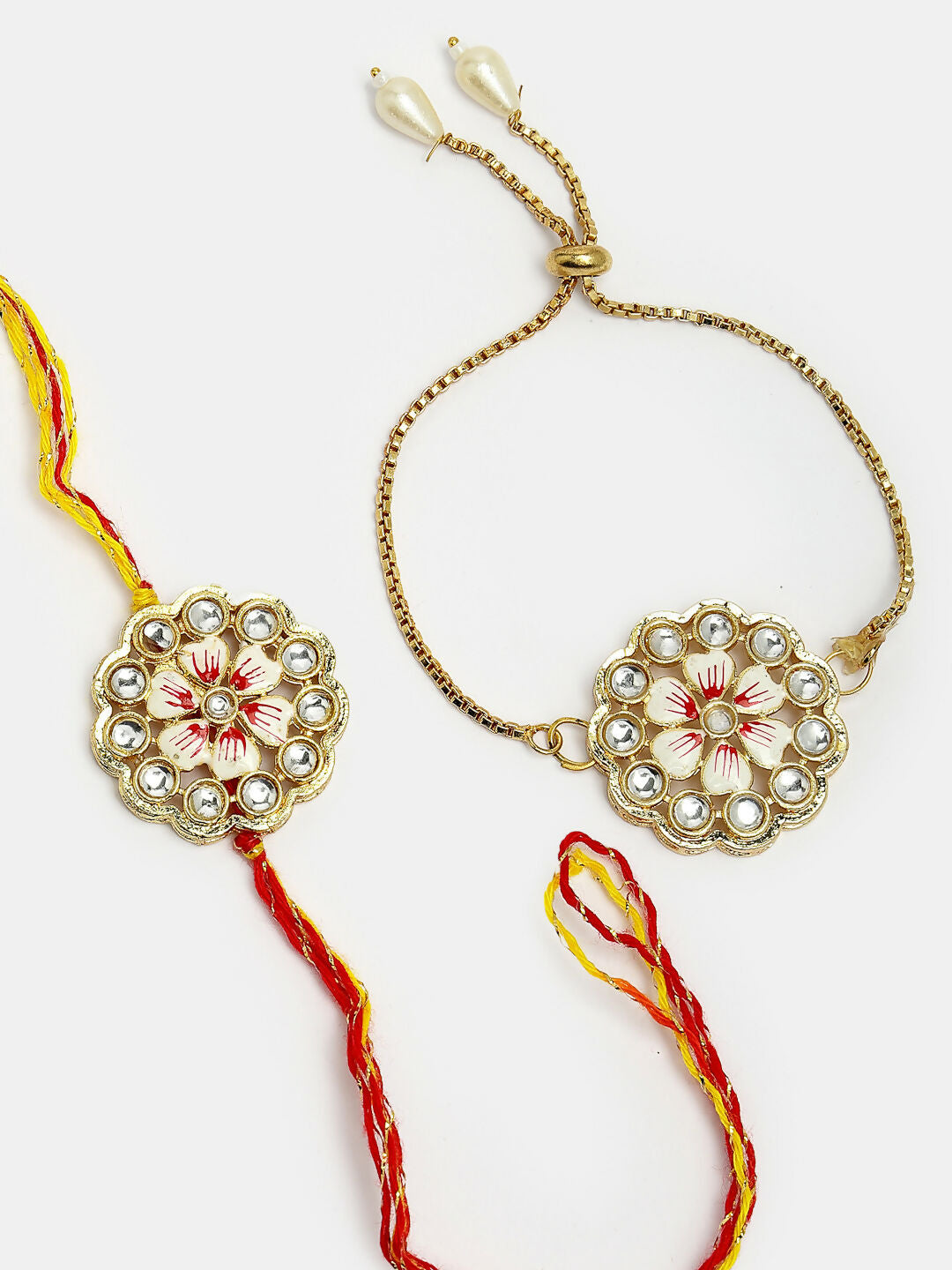 NVR Women & Men Set of 2 Gold Kundan-Studded Bhaiya Bhabhi Rakhi Set With Roli Chawal