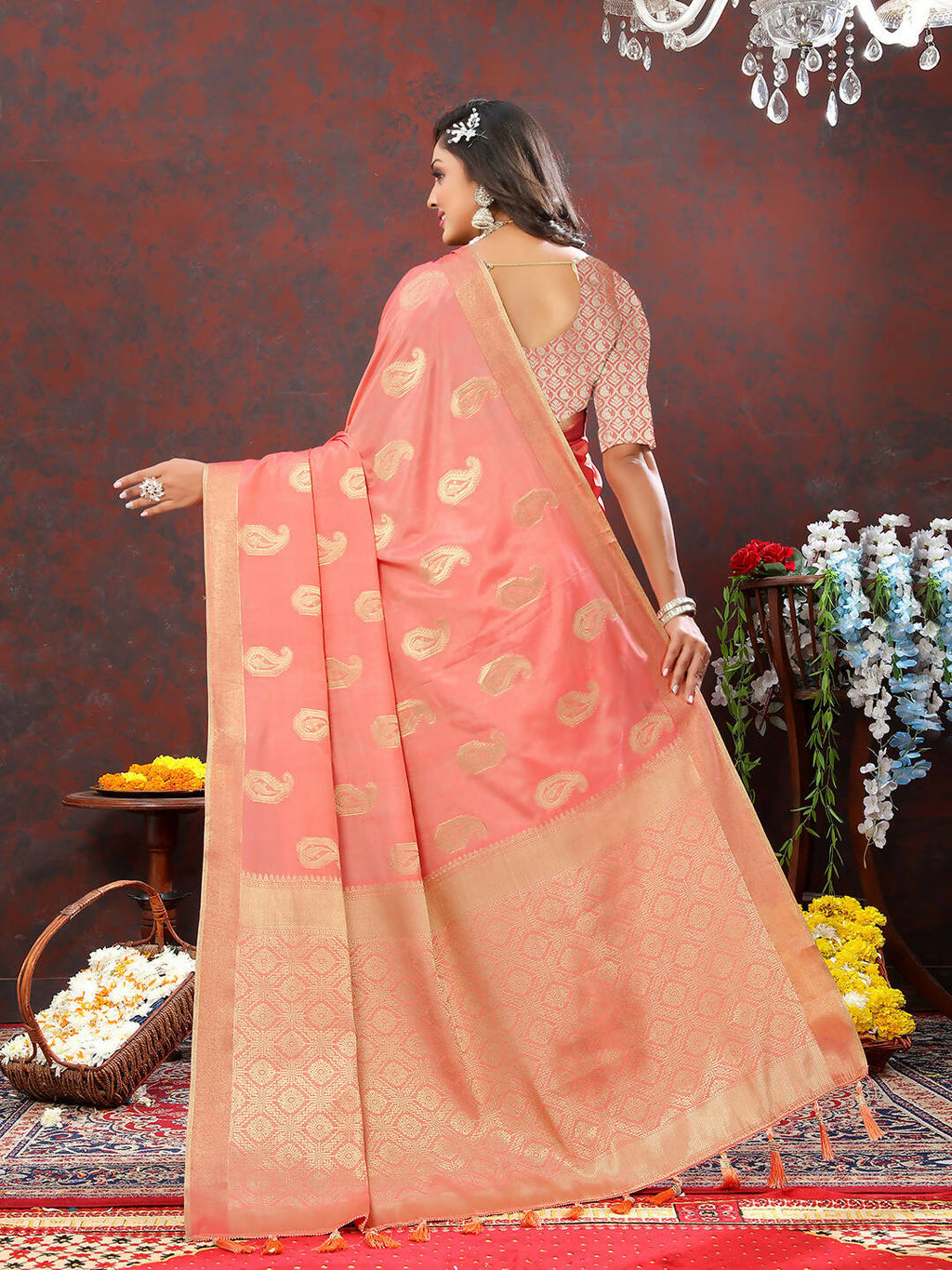 Lorenvalley Fashion Peach Cotton Woven Design with Zari Weaving Design Saree