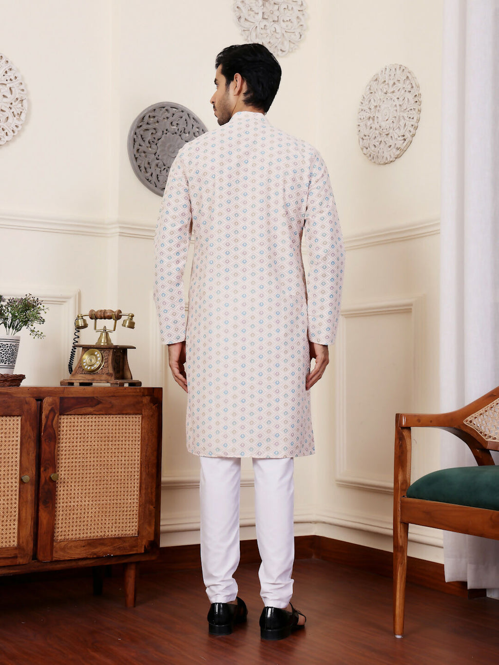 Off White Viscose Chikankari Embroidery Work Men's Rajwadi Kurta Set - Mahotsav