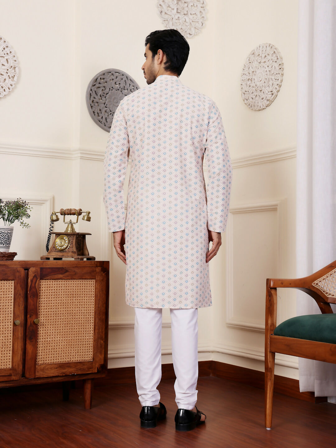 Off White Viscose Chikankari Embroidery Work Men's Rajwadi Kurta Set - Mahotsav