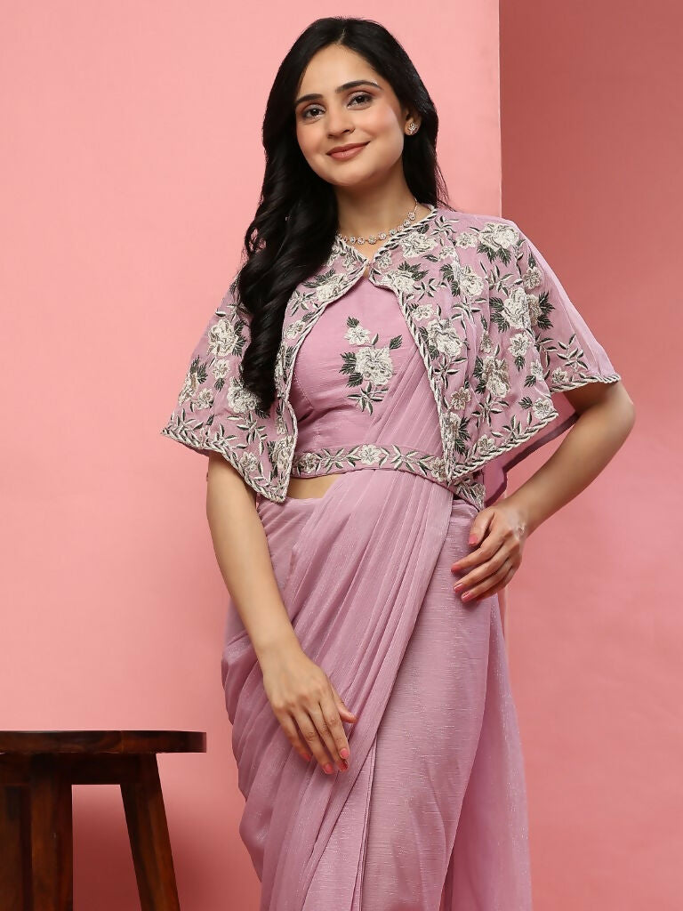 Pink Chiffon Solid Ready to wear Saree with stitched Blouse - Aayan