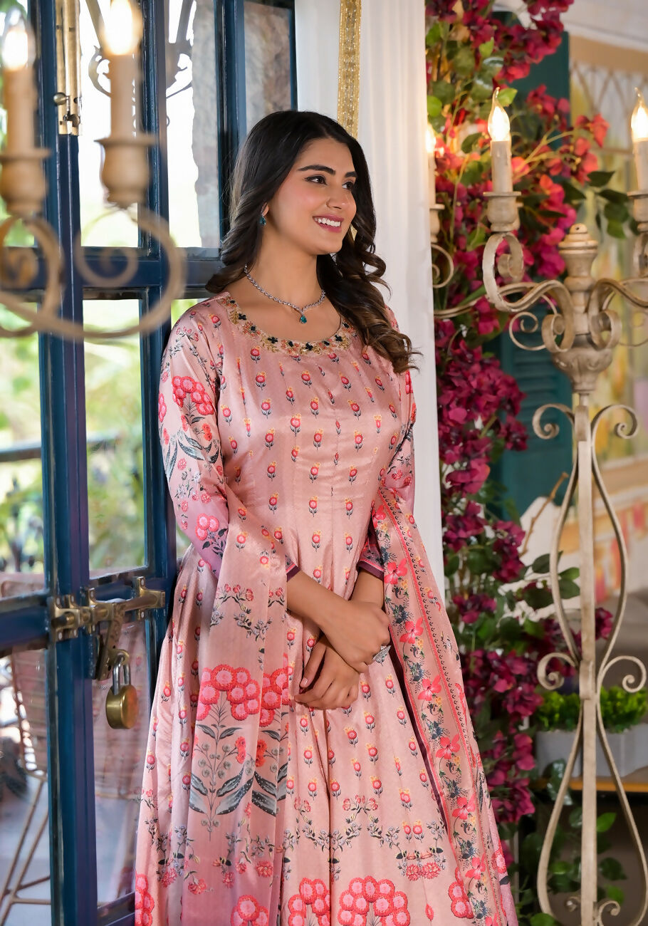 Partywear Designe rPeach Dola Silk Anarkali suit with Dupatta - Samyukta