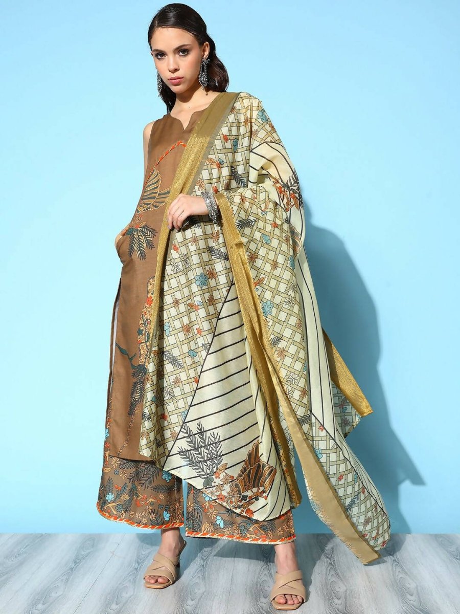 Ahalyaa Women's Brown Colour Cotton Blend Digital Printed Kurta Palazzo Set With Dupatta
