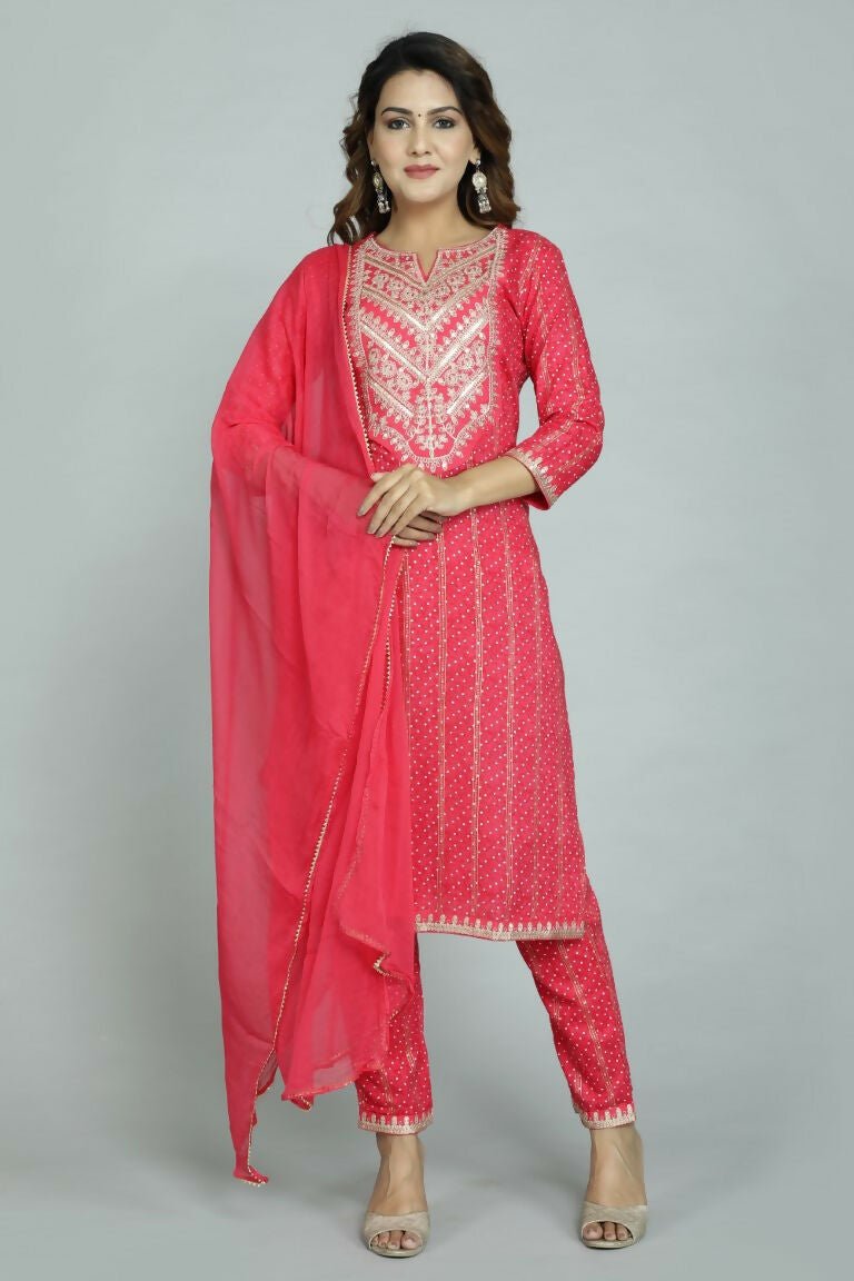 Alvano Beautiful Embroidery Print Straight Kurti with Pant and Dupatta set for Women and Girls Rayon
