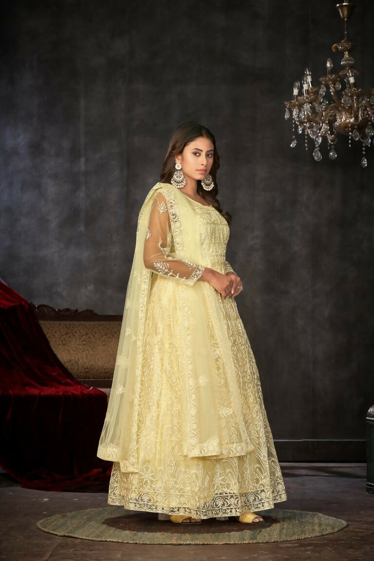 Jyoti Fashion Women's Cream Net Embroidered Anarkali Kurta Pant Set With Dupatta