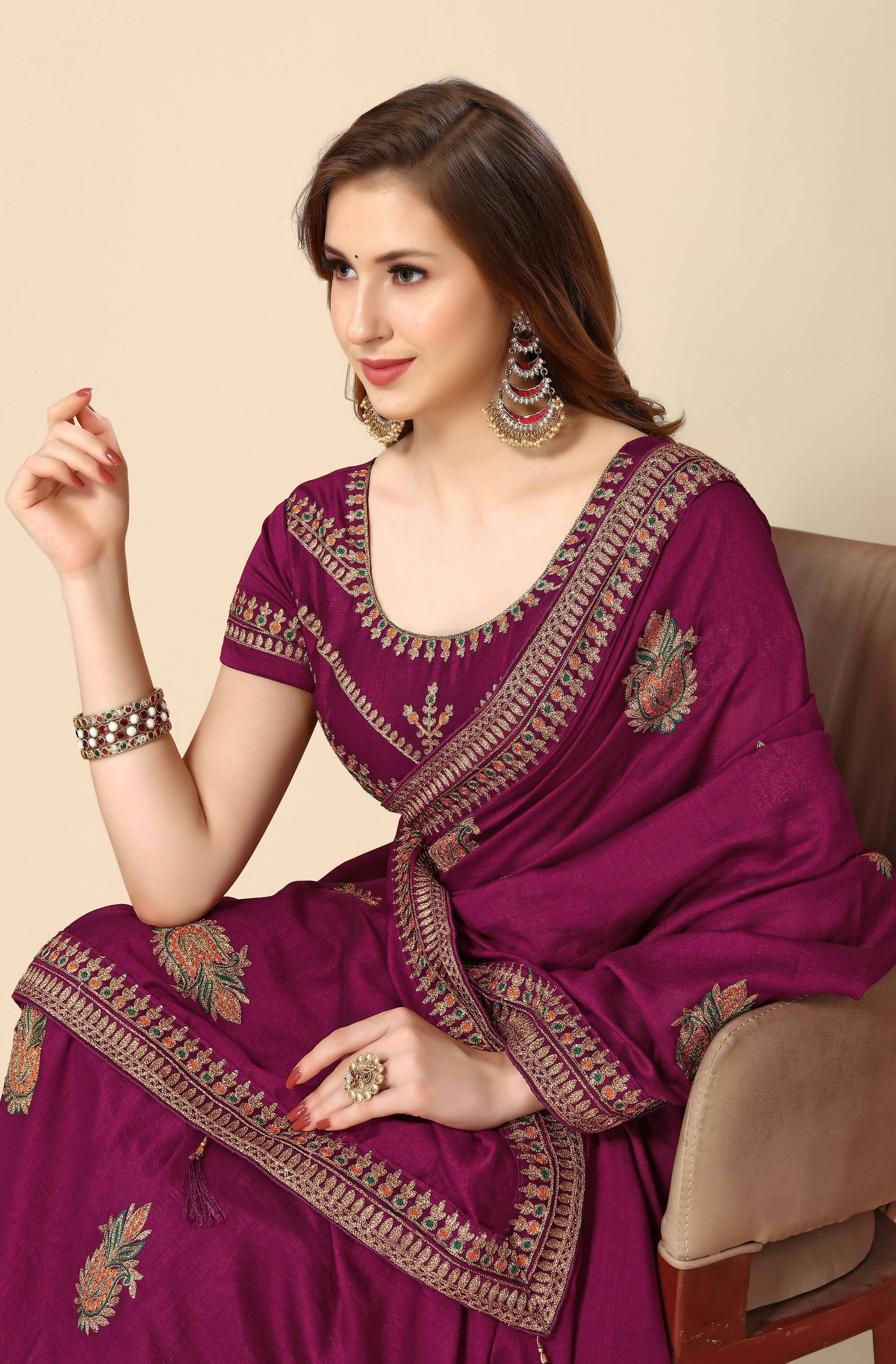 Wine Chinon Embroidered Saree with Unstitched Blouse Piece - Roozal