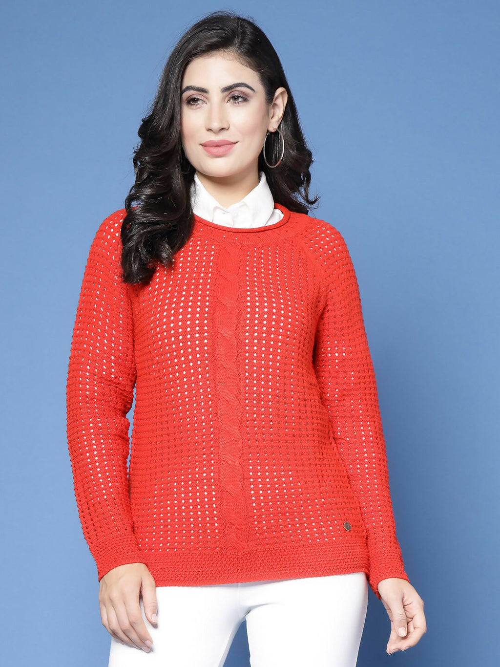 Women Pointelle Rust Acrylic Winter Sweater - Wool Trees