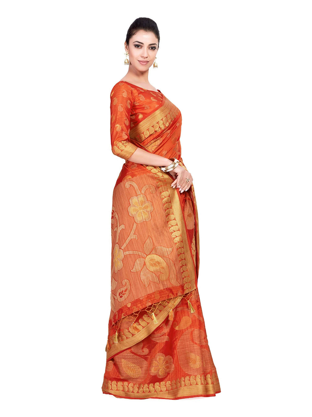 Mimosa Women's Kanchipuram Art Silk Orange Saree