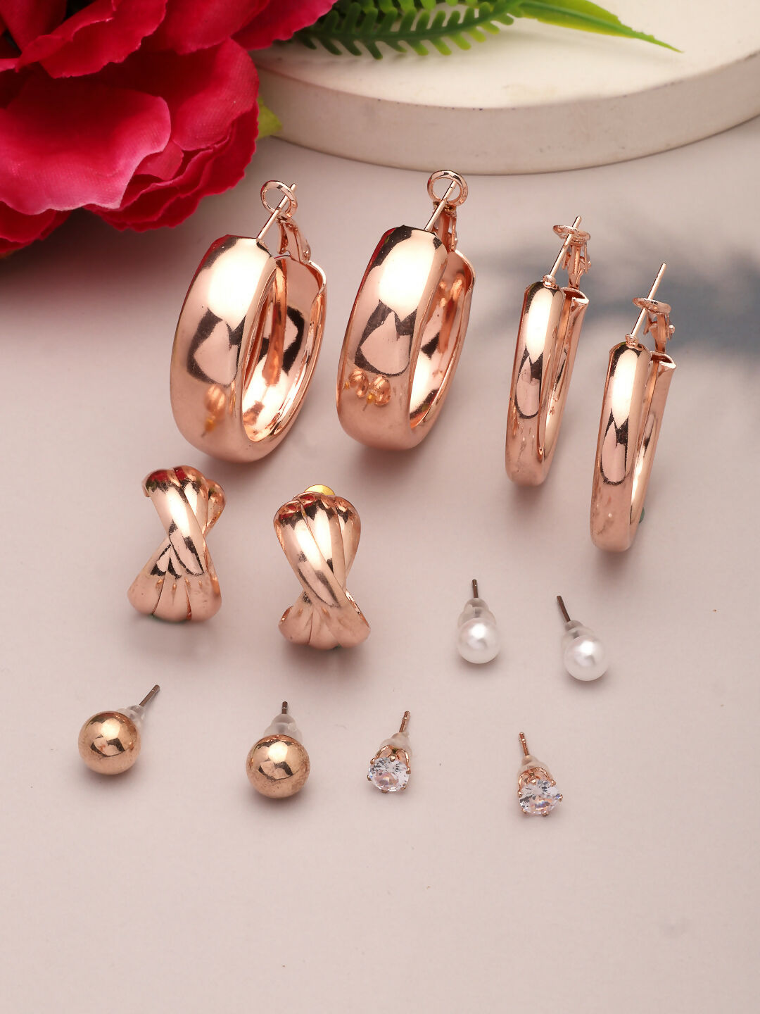 NVR Women's Set of 6 Rose Gold-Polished Contemporary Hoop Earrings