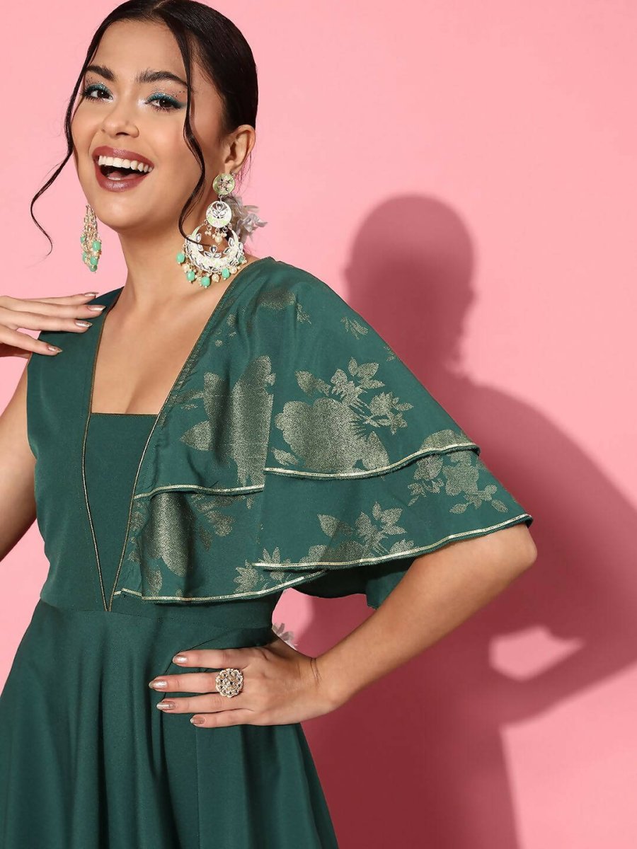 Ahalyaa Gorgeous Green Ethnic Motifs Ruffled Dress