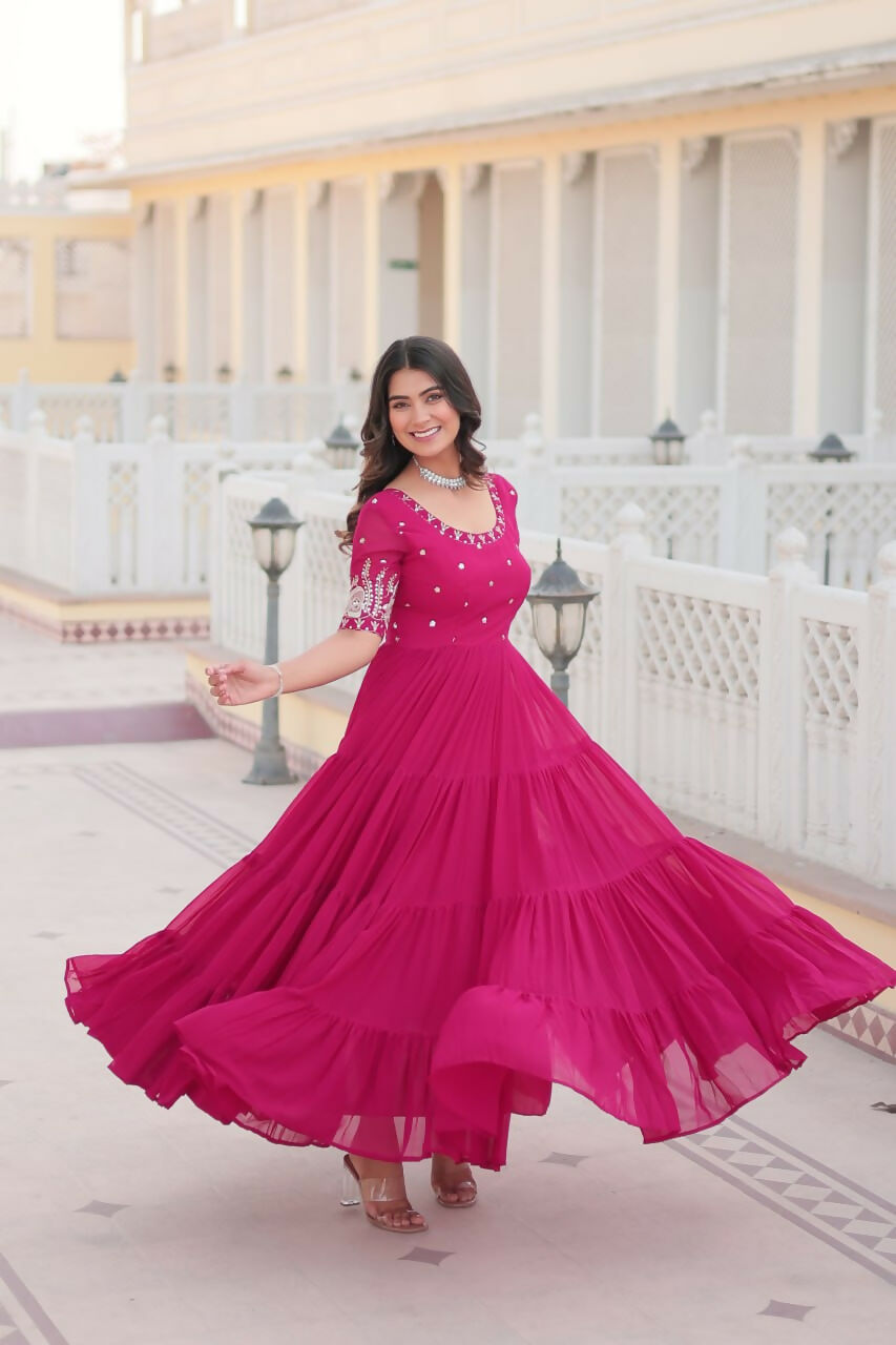 Vastranavya Premium Designer Faux Blooming with Embroidery Zari Sequins work Gown - Pink