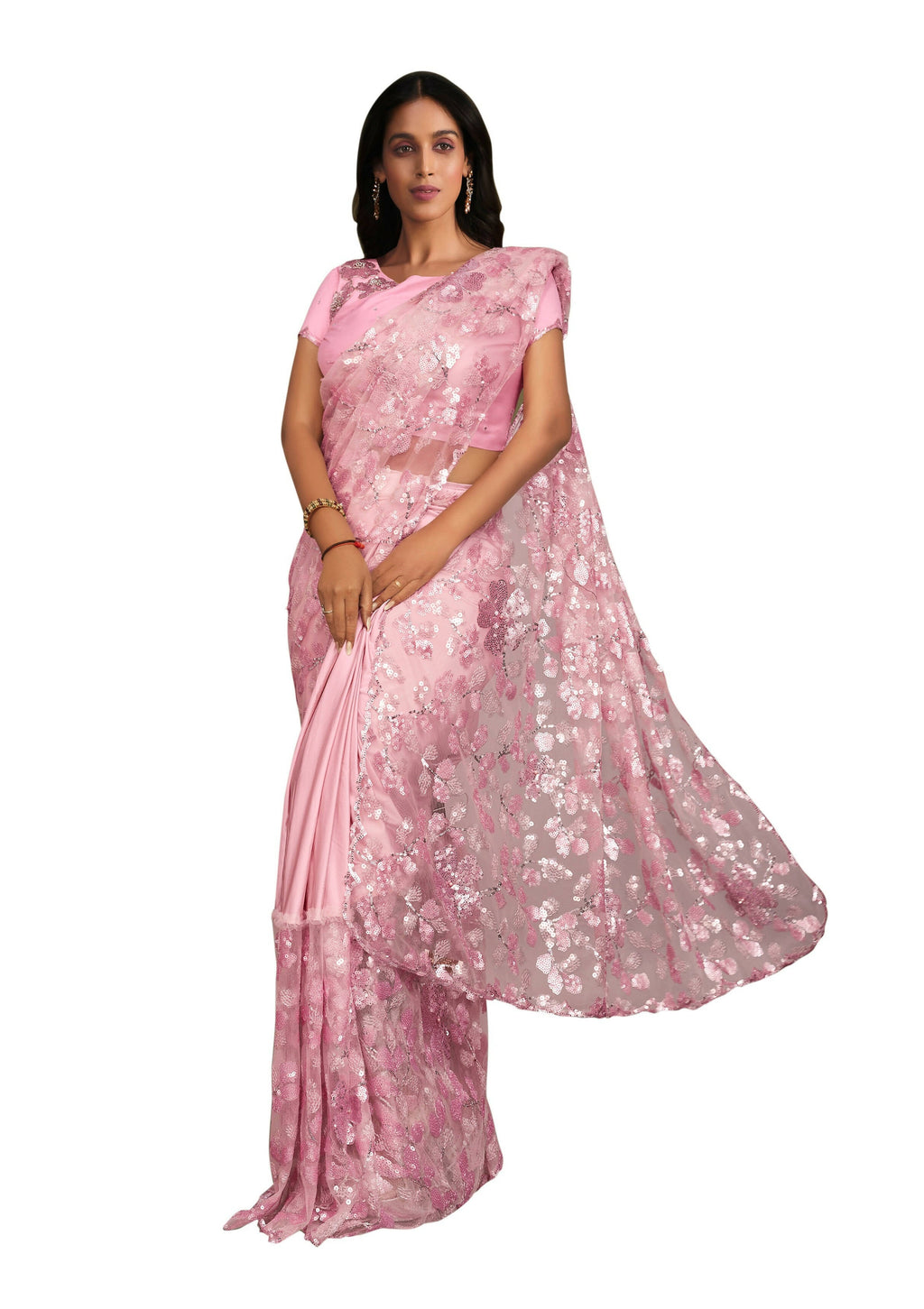Pink Crepe Lycra Sequence Embroidered Saree With Stitched Blouse - Mohmanthan La Belle