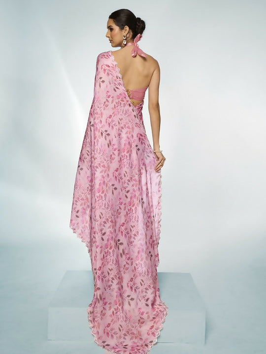 Pink Satin Georgette Designer Printed Saree - Shezlin