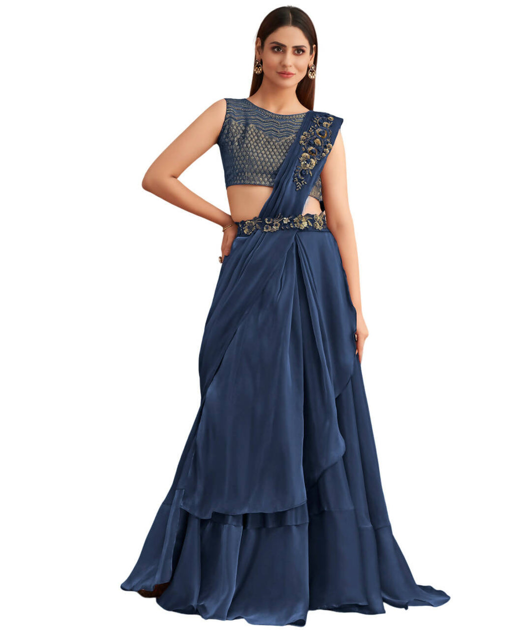 Navy Blue Satin Embroidered Ready To Wear Saree With Unstitched Blouse Piece - Nandika