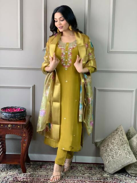 The52 Mustard Gorgeous Embroidered Viscose Chanderi Fabric Straight Kurta Pant with Dupatta Set