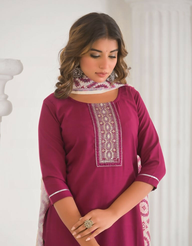 Festive Ethnic Viscose Chanderi Maroon Stitched Suit With Dupatta - Rashmika