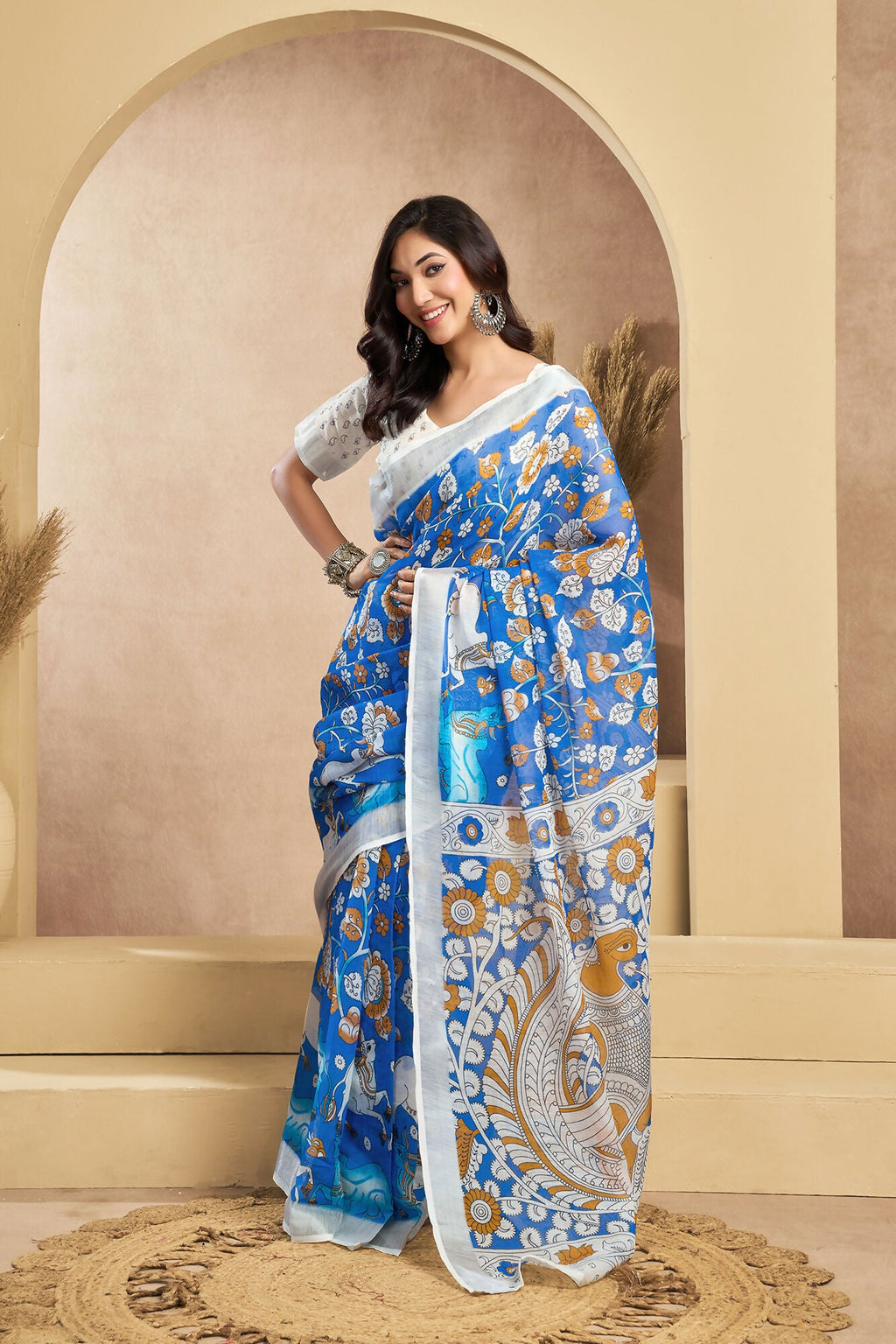 Vastranavya Blue Digital Printed Linen Ready To Wear Designer Saree with Unstitched Blouse