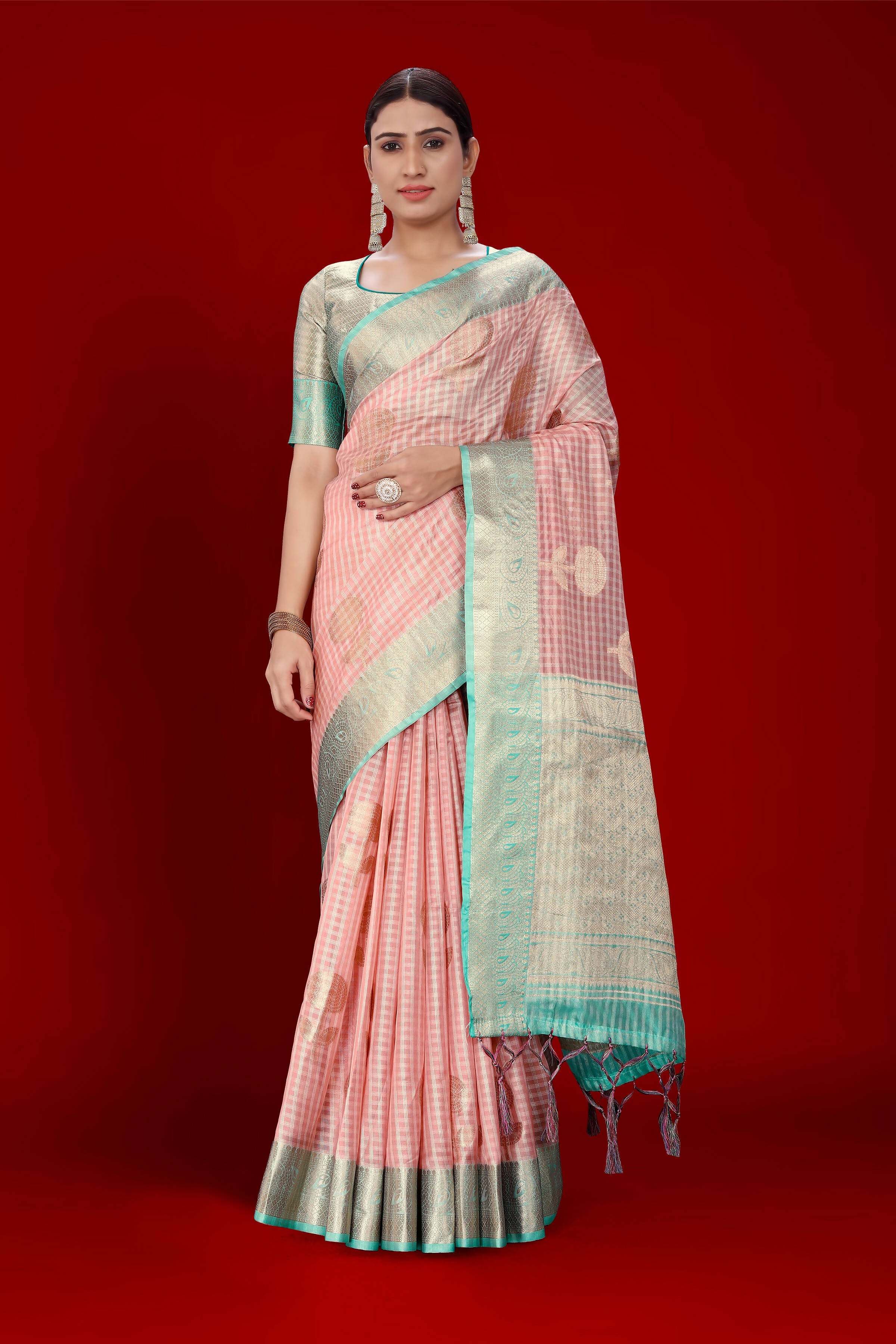 Pink Soft Organza Woven Design Saree With Unstitched Blouse Piece - Zaara