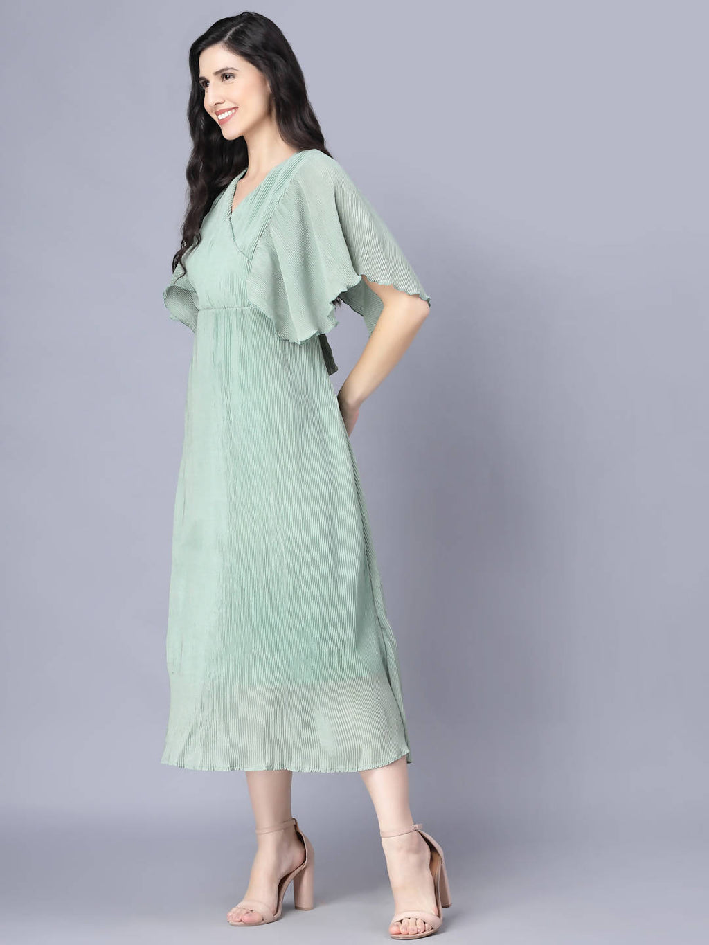 Myshka Chiffon Solid Short Sleeve V Neck Green Women Dress
