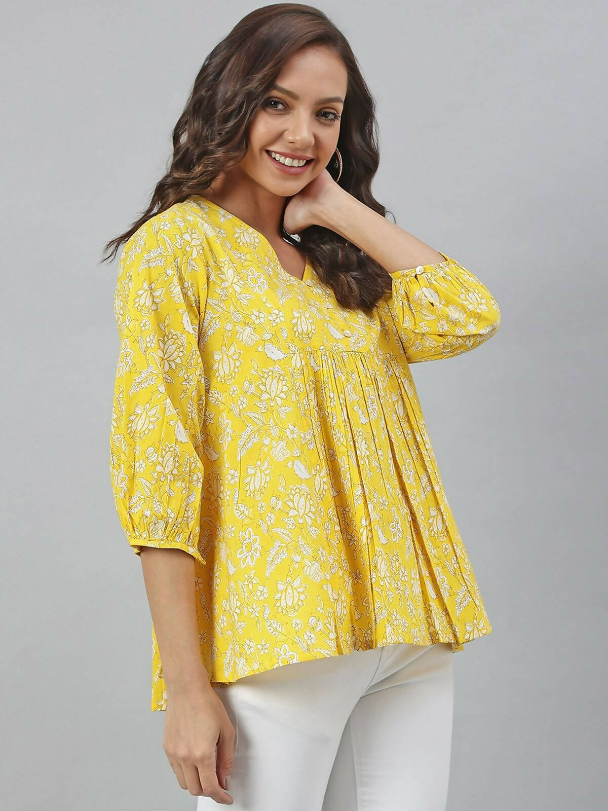 Janasya Women's Yellow Cotton Floral Print Flared Top